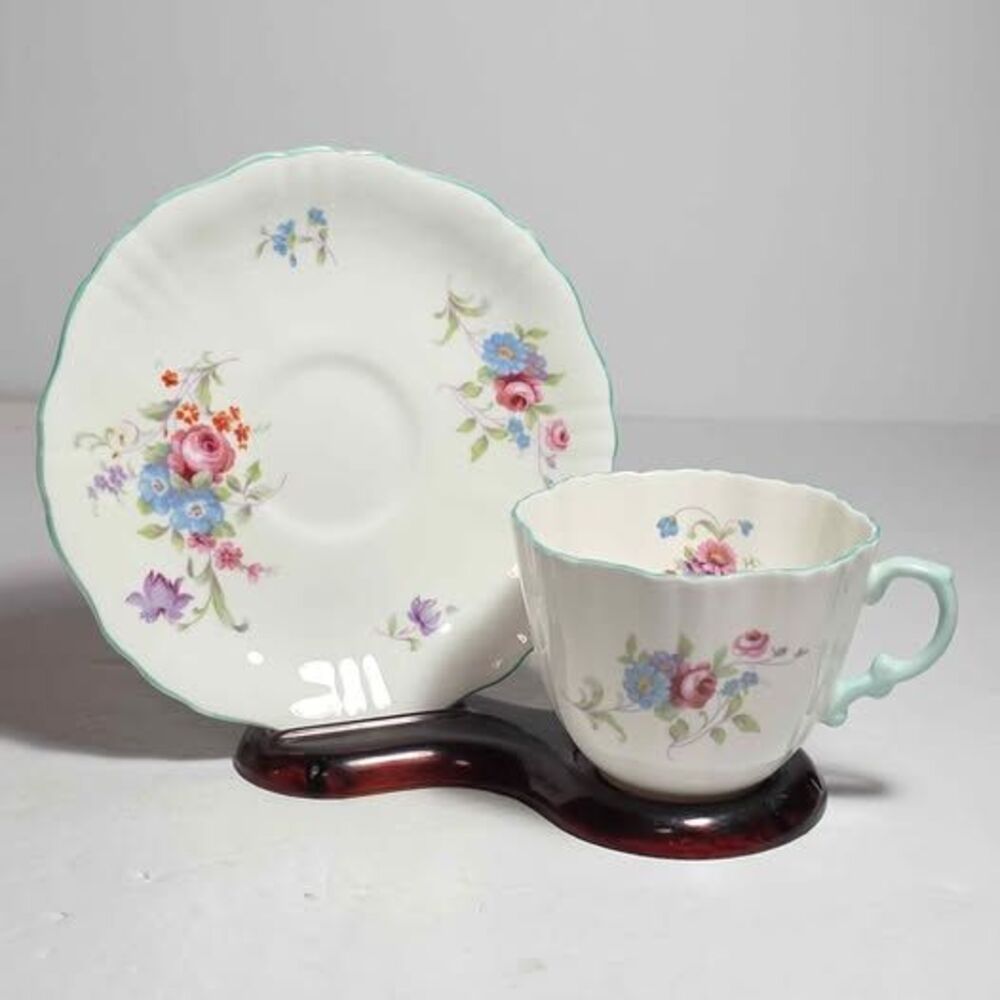Hammersley Teacup and Saucer Pink Blue Flowers Vintage